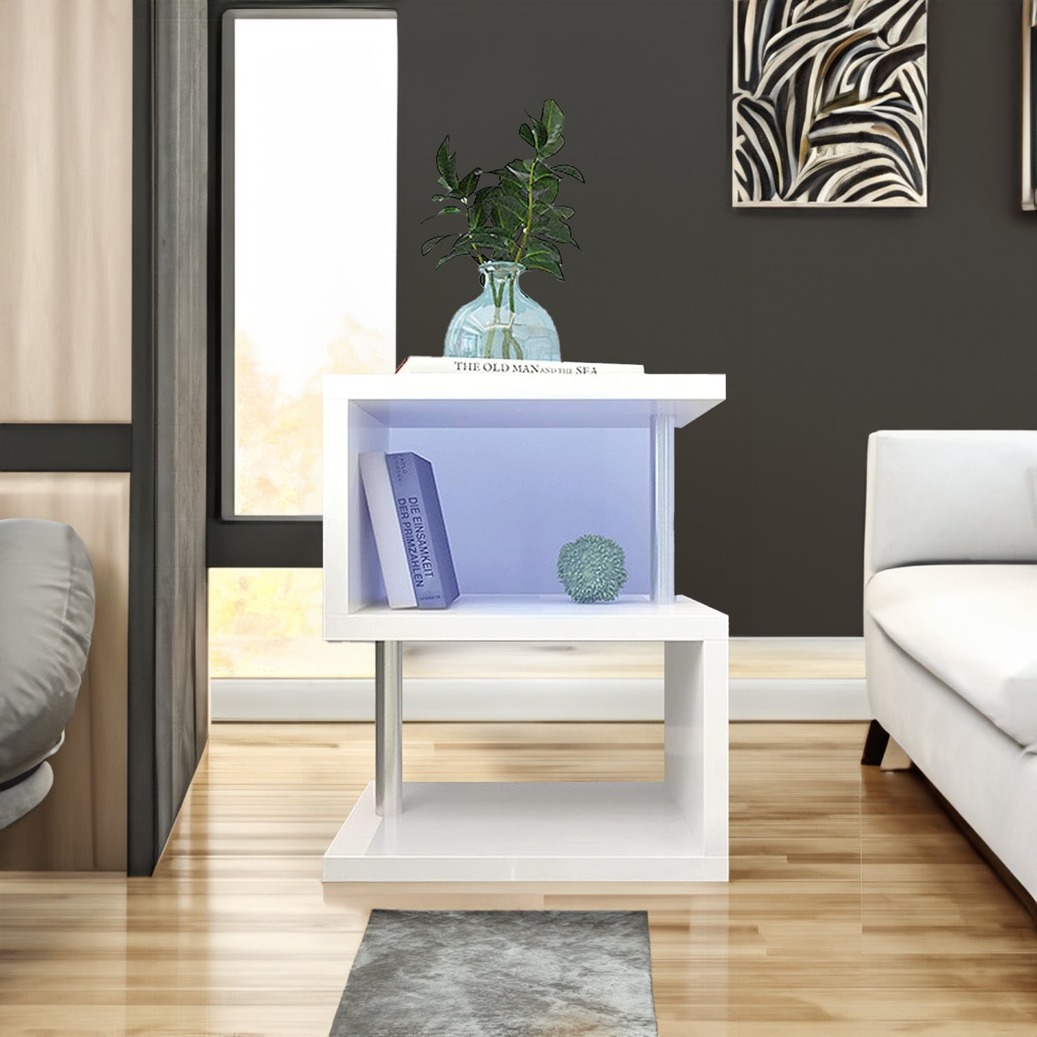 Table basse S en trois couches eprolo, avec finition laquée blanche, espace de rangement ouvert et port USB, éclairage LED.
