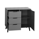Armoire de rangement grise eprolo avec 3 tiroirs, étagères ajustables et portes médiévales, vue de face.