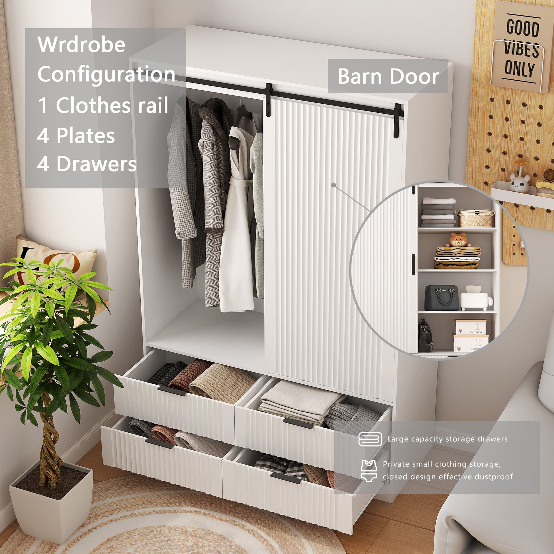 Armoire haute blanche eprolo avec porte à pivot, penderie, tiroirs et étagères ouvertes, rangement pour chambre à coucher.