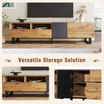 Meuble TV moderne eprolo pour écran de 80 pouces avec double espace de rangement en bois clair.