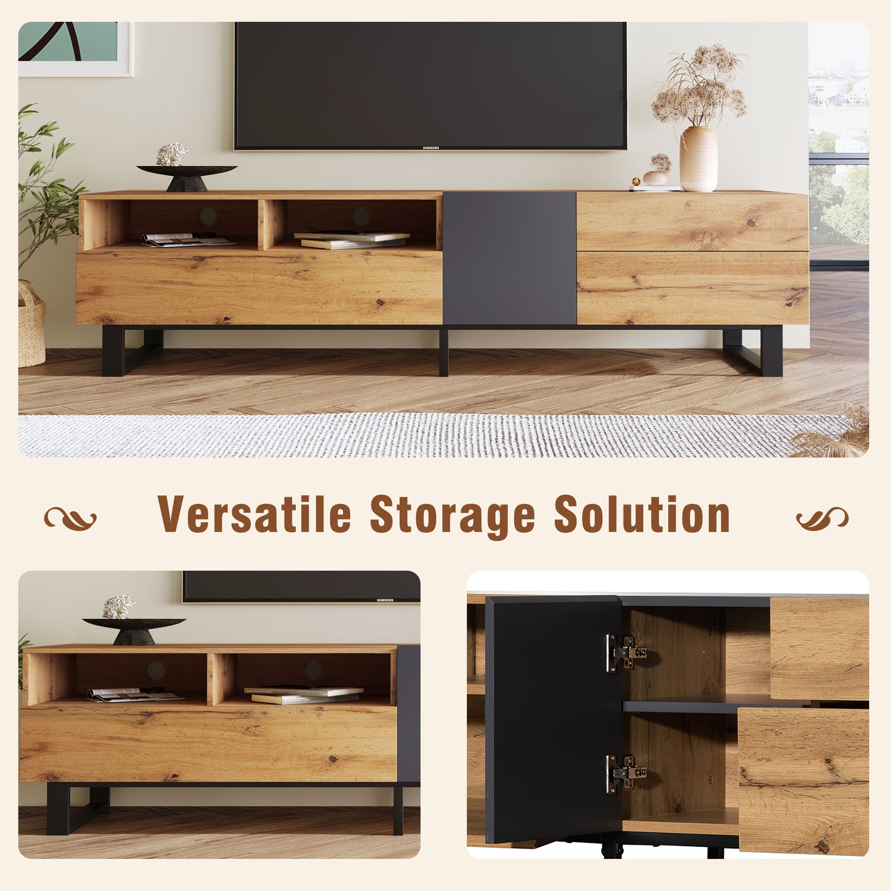 Meuble TV moderne eprolo pour écran de 80 pouces avec double espace de rangement en bois clair.