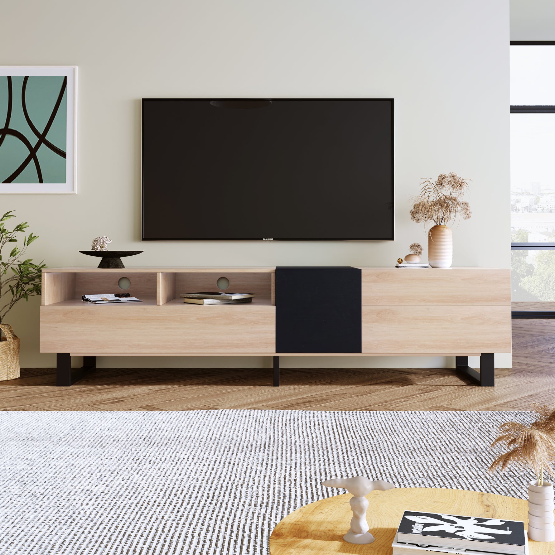 Meuble TV moderne eprolo avec espace de rangement en bois clair et design épuré, adapté pour salon contemporain
