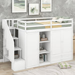 Lit mezzanine fonctionnel blanc eprolo avec 3 étagères, 2 armoires, 2 tiroirs et échelle avec rangement, sans sommier.