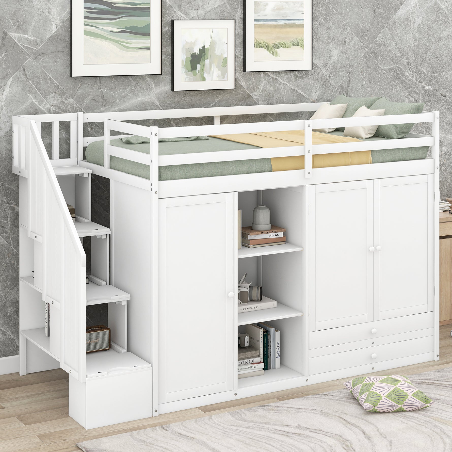 Lit mezzanine fonctionnel blanc eprolo avec 3 étagères, 2 armoires, 2 tiroirs et échelle avec rangement, sans sommier.