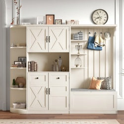 Multifunctional Left-right Combination Hall Cabinet  Can Be Used Separately  With Storage And 4 Hooks, Storage Cabinet Hall Tree 2 In 1 For Living Room, Kitchen And Hallway,antique Beige