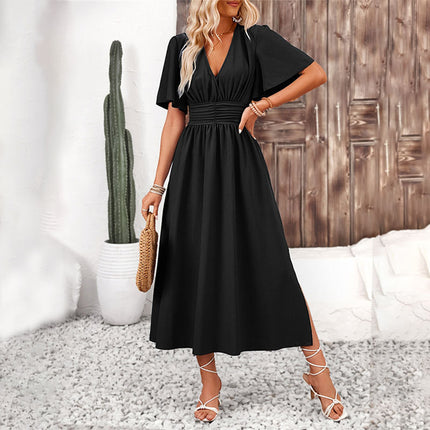 Women's Ruffle Sleeve Split Elastic Waist Polyester Dress