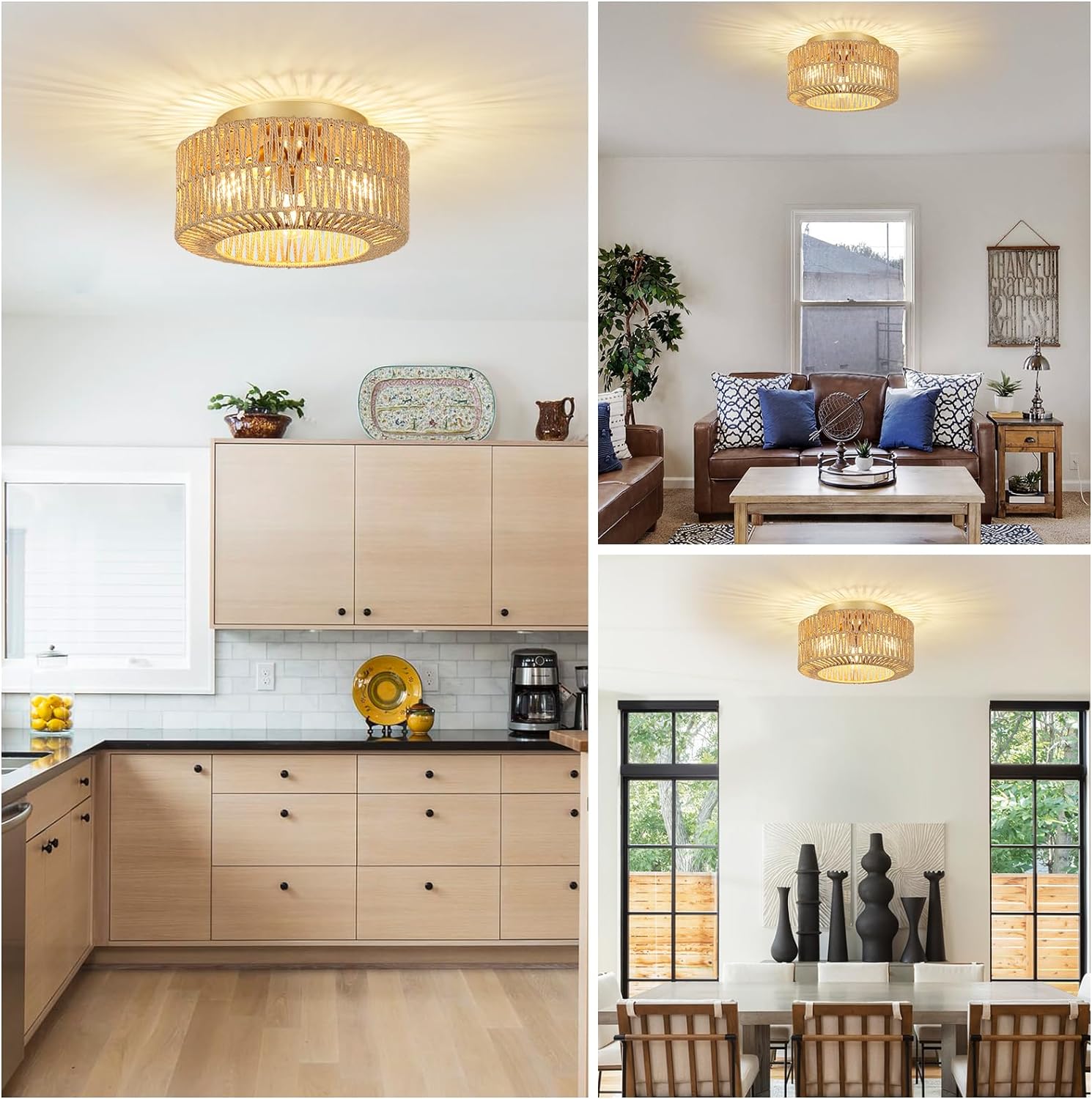 Plafonnier eprolo à 3 lumières de style bohème avec abat-jour en rotin tissé à la main, montage au plafond pour intérieur chaleureux.