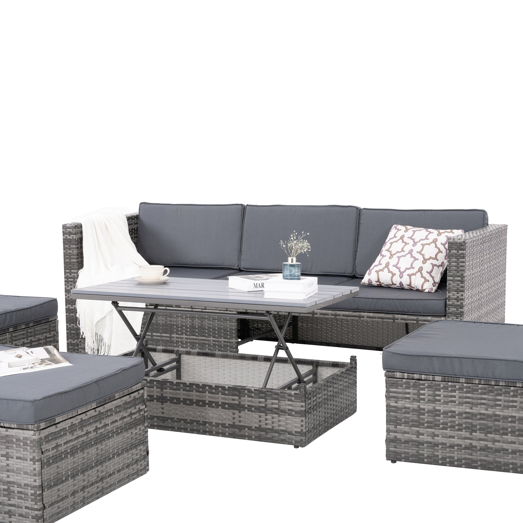 Ensemble de mobilier de terrasse en rotin PE d'eprolo avec table basse en contreplaqué, adapté pour l'extérieur, style saisonnier.