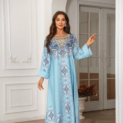 Printed Lace Detail Abaya Long Sleeved Extra Long Dress