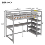 Lit mezzanine double avec rangements gris eprolo, étagères intégrées et bureau sous le lit, vue de l'angle.