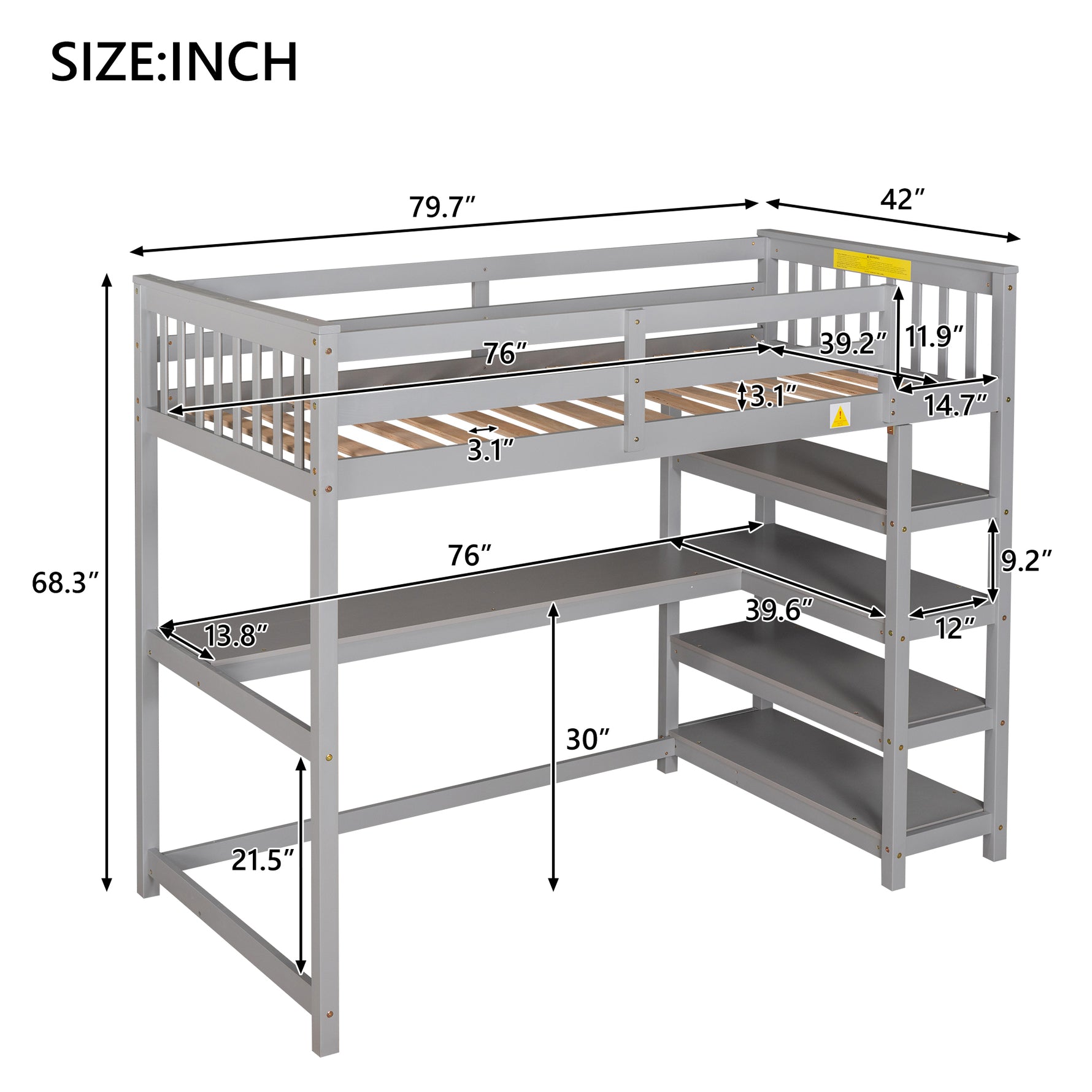 Lit mezzanine double avec rangements gris eprolo, étagères intégrées et bureau sous le lit, vue de l'angle.