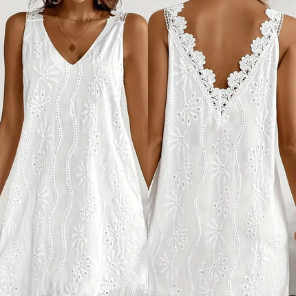 Solid-color V-neck Lace Sleeveless A-line Dress