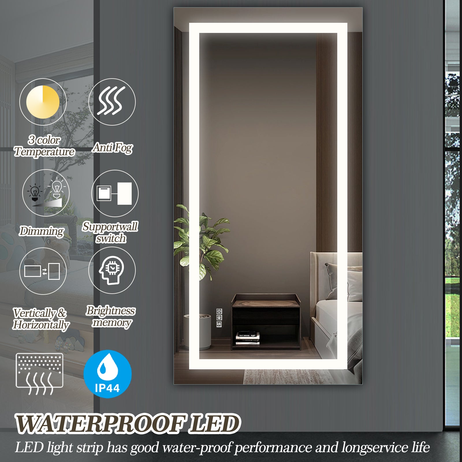 Miroir de salle de bain LED eprolo 72x36 pouces avec lumières, anti-buée et fonction de gradation, miroir de vanité moderne.