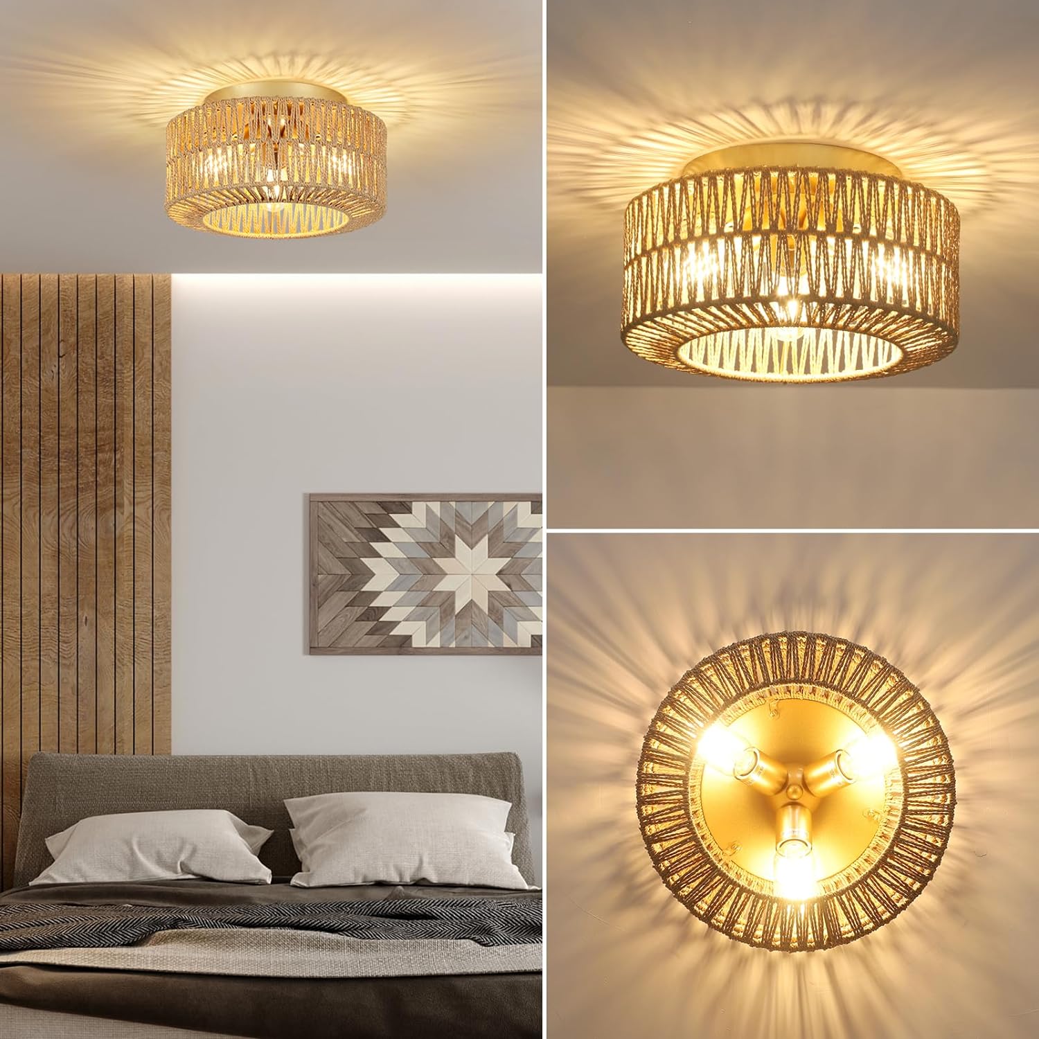 Plafonnier eprolo bohème avec 3 lumières, abat-jour en rotin tissé à la main, style ferme rustique, montage plafond flush.