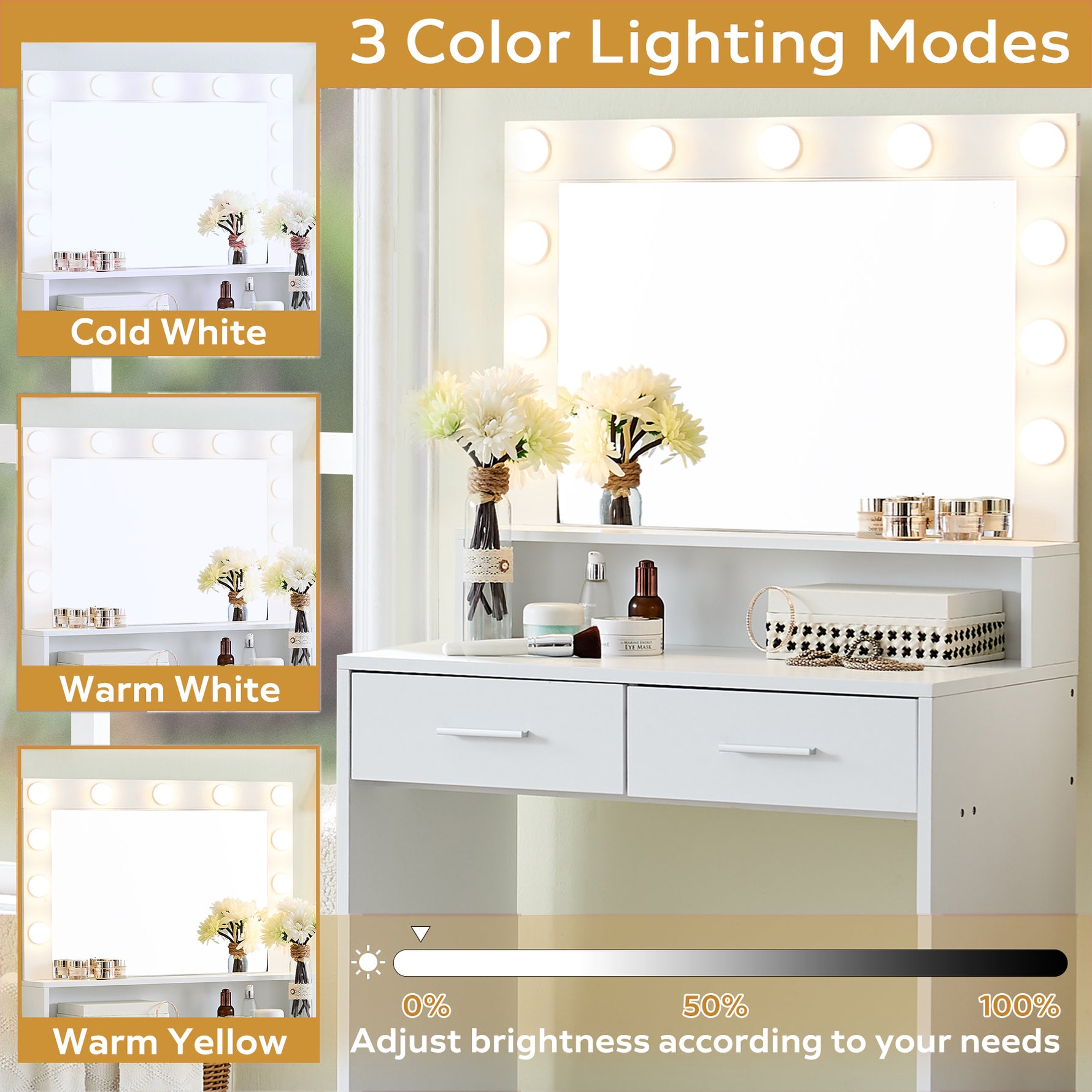 Coiffeuse eprolo avec miroir lumineux et espace de rangement pour maquillage, en bois clair et design moderne.