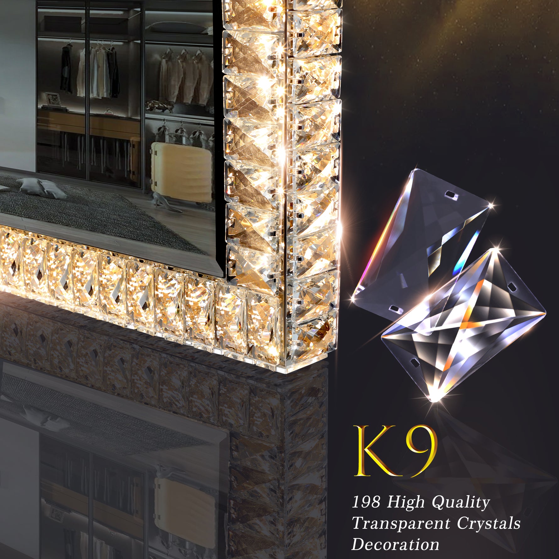 Lampe miroir à cristaux LED eprolo avec éclairage dimmable, lumière brillante et design élégant pour décoration intérieure.