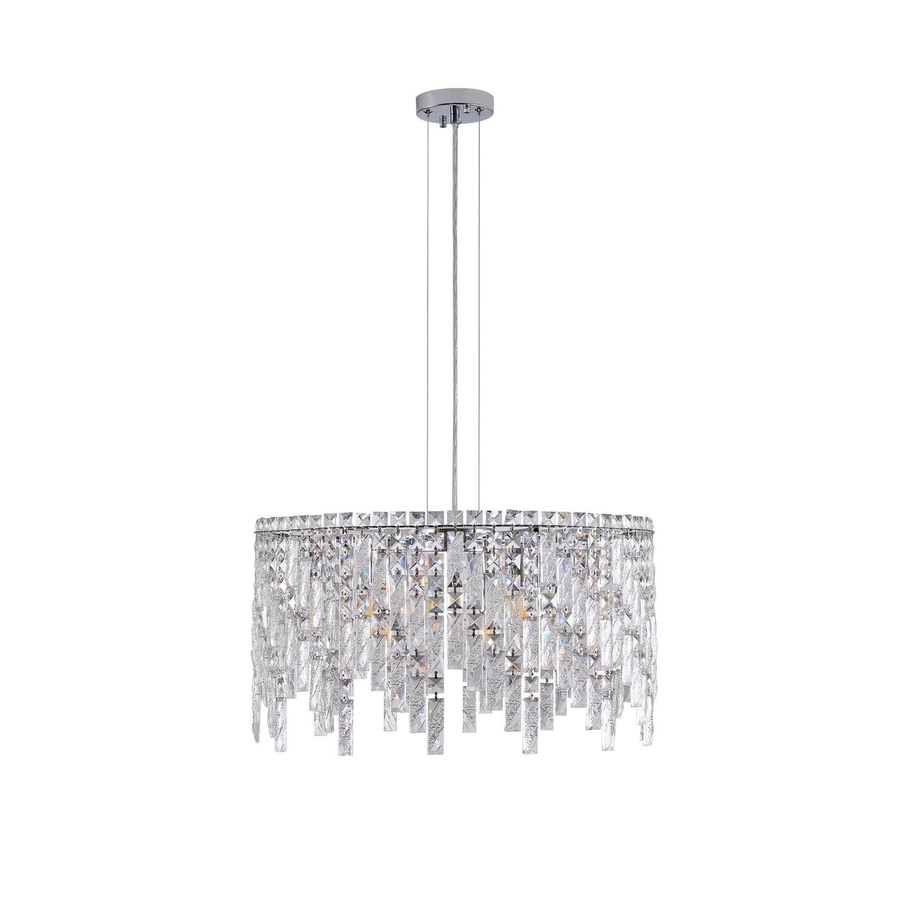 Lustre rond en cristal argenté de luxe eprolo avec pendentifs brillants, suspendu pour décoration élégante.