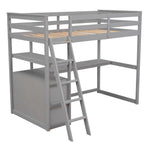Lit mezzanine double avec bureau, étagères et tiroirs intégrés, en gris, conçu par eprolo, vue en détail.