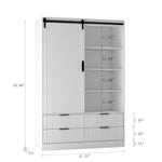 Armoire chambre haute eprolo blanche avec porte barn, étagères ouvertes, tiroirs et penderie pour rangement vêtements.