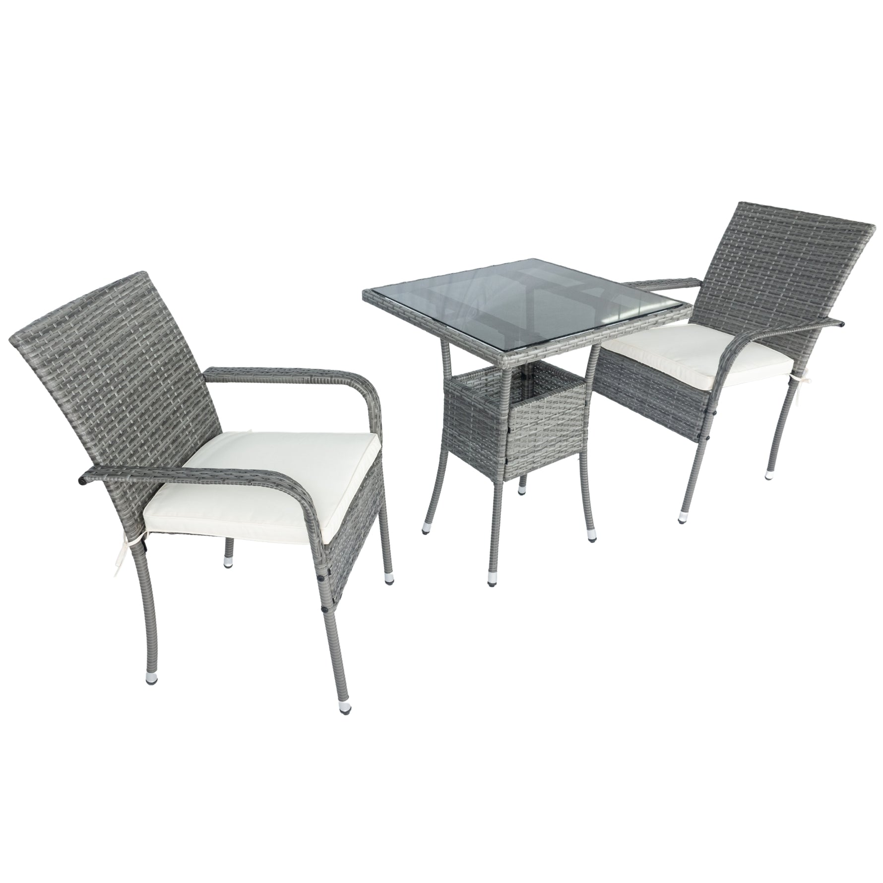 Ensemble de salon de jardin en rotin gris avec 3 pièces et coussins blancs, par eprolo, pour espace extérieur élégant.