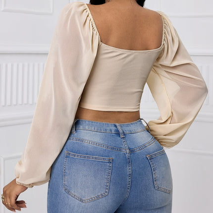 Ladies' Solid Color Fashionable Drawstring Strap Lantern Sleeve Exposed Navel Sexy Versatile Shirt T-shirt Top