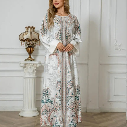 Elegant Floral Print Long Sleeve Abaya Dress
