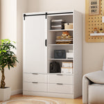 Armoire blanche eprolo pour chambre, avec porte barn, étagères ouvertes, tiroirs et barre de suspension pour rangement vêtements