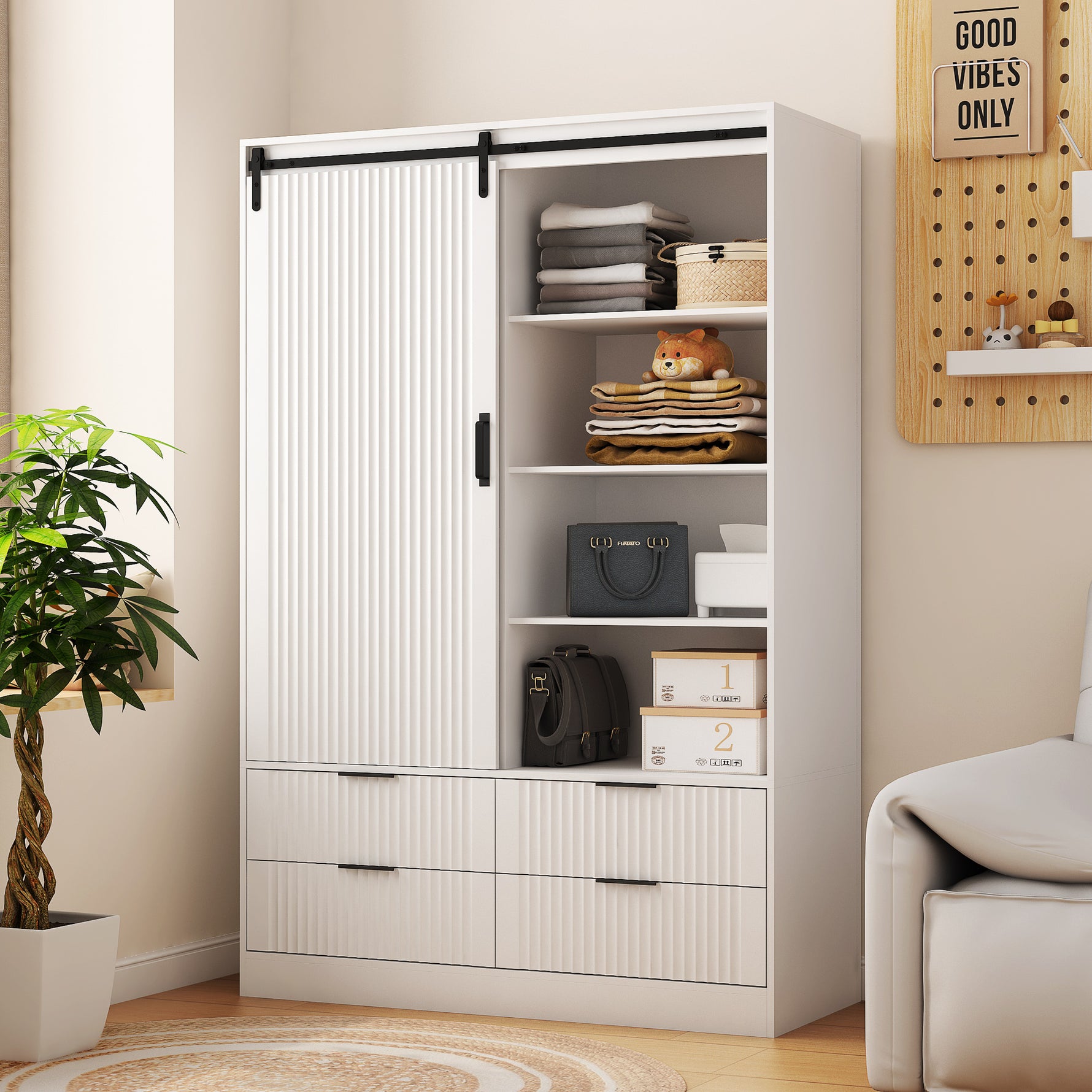 Armoire blanche eprolo pour chambre, avec porte barn, étagères ouvertes, tiroirs et barre de suspension pour rangement vêtements