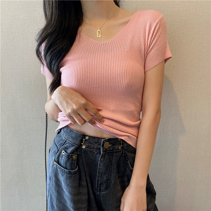 Cream-yellow V-neck Cap-sleeve Short-sleeve Womens Summer Top