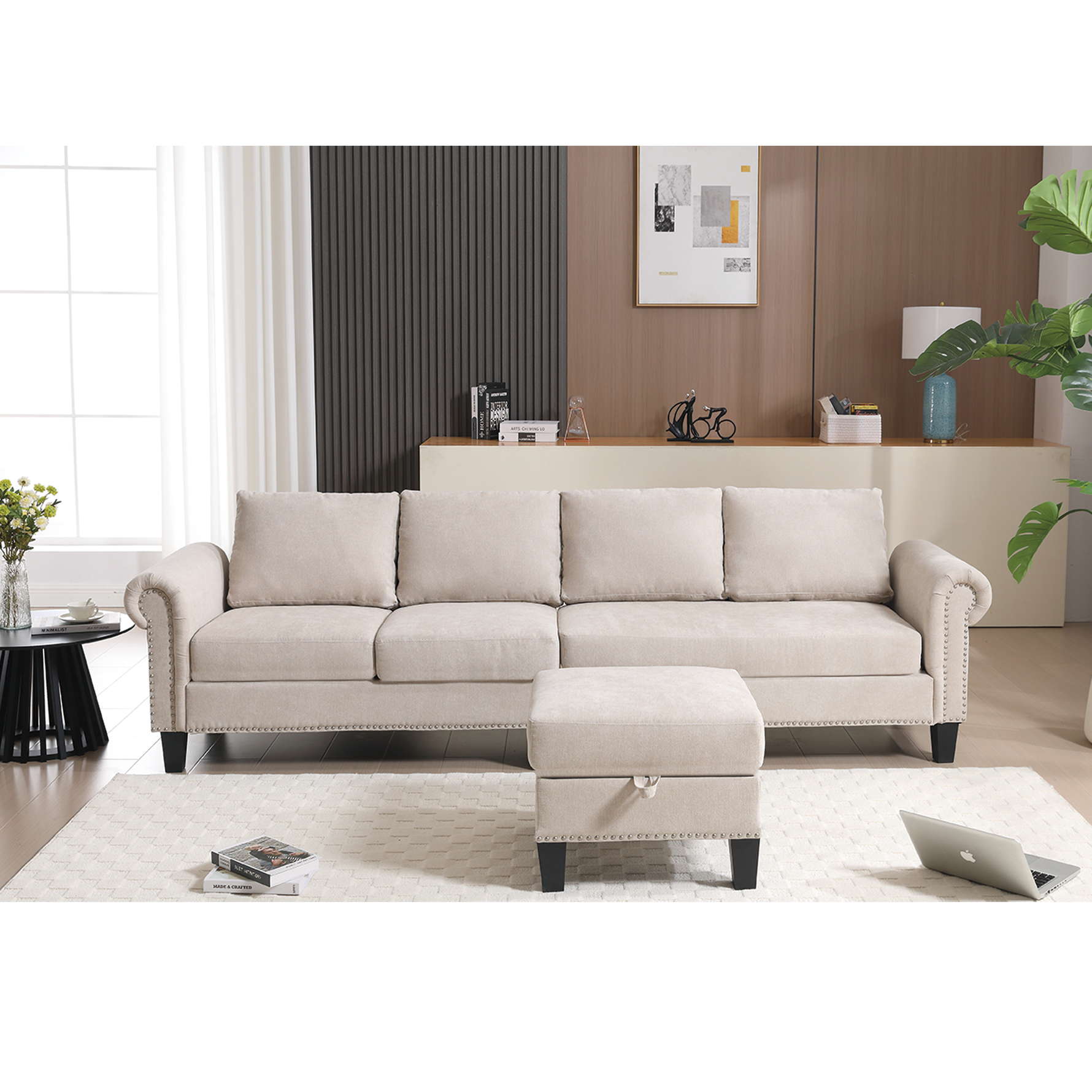 Canapé d'angle convertible en lin beige avec rangement, sofa en forme de L pour quatre personnes, moderne et confortable.