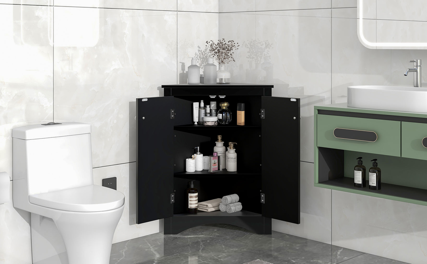 Armoire de rangement noire en forme de triangle pour salle de bain ou cuisine, avec étagères ajustables et design autonome.