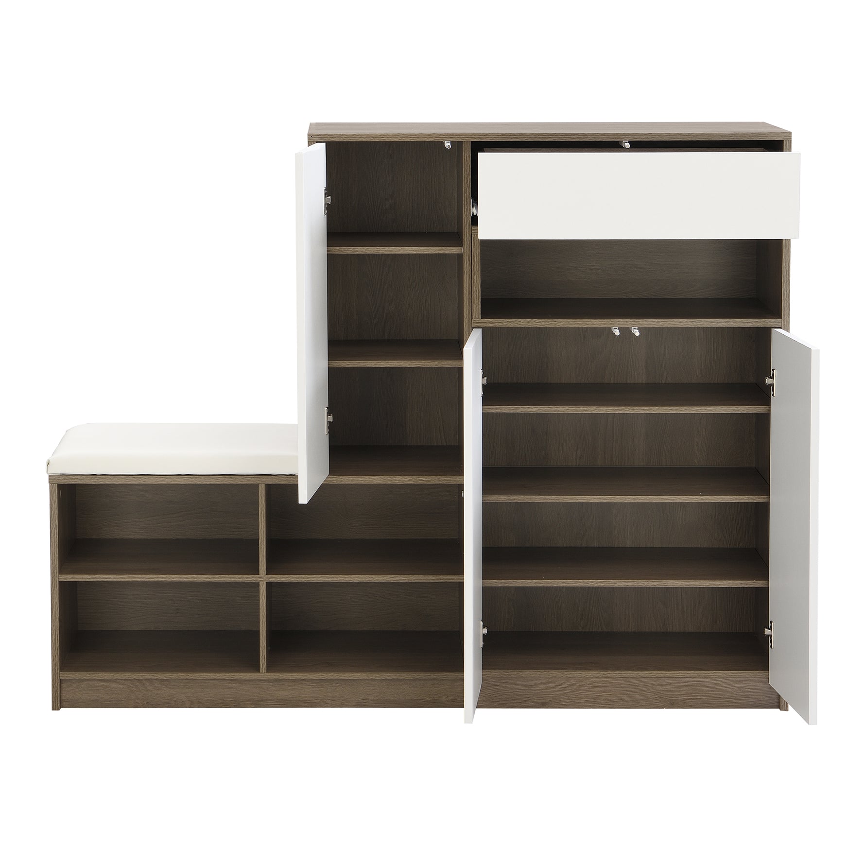 Meuble de rangement à chaussures ON-TRANS eprolo blanc avec sièges rembourrés et étagères ajustables pour chaussures et rangement.