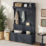 Armoire d'entrée eprolo en bleu foncé avec bureau de rangement, 5 crochets, tiroirs et étagère à vêtements.