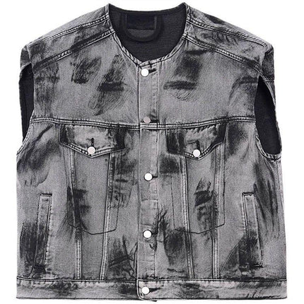 American Street Graffiti Padded Shoulder Sleeveless Denim Coat