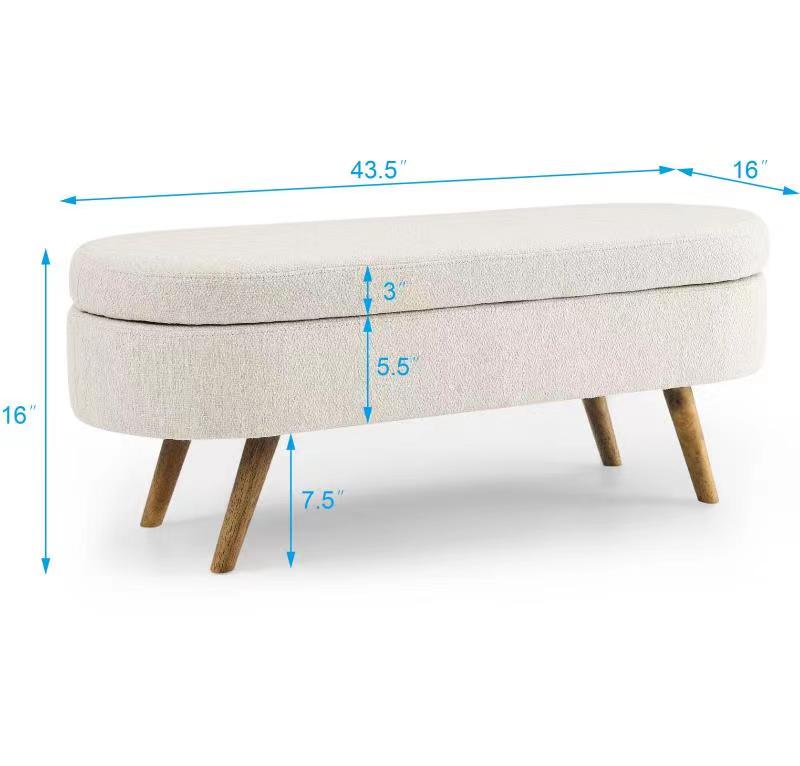 Banquette ovale de rangement eprolo avec pieds en bois de caoutchouc, tissu beige, dimensions 43,5"x16"x16" visible dans l'image