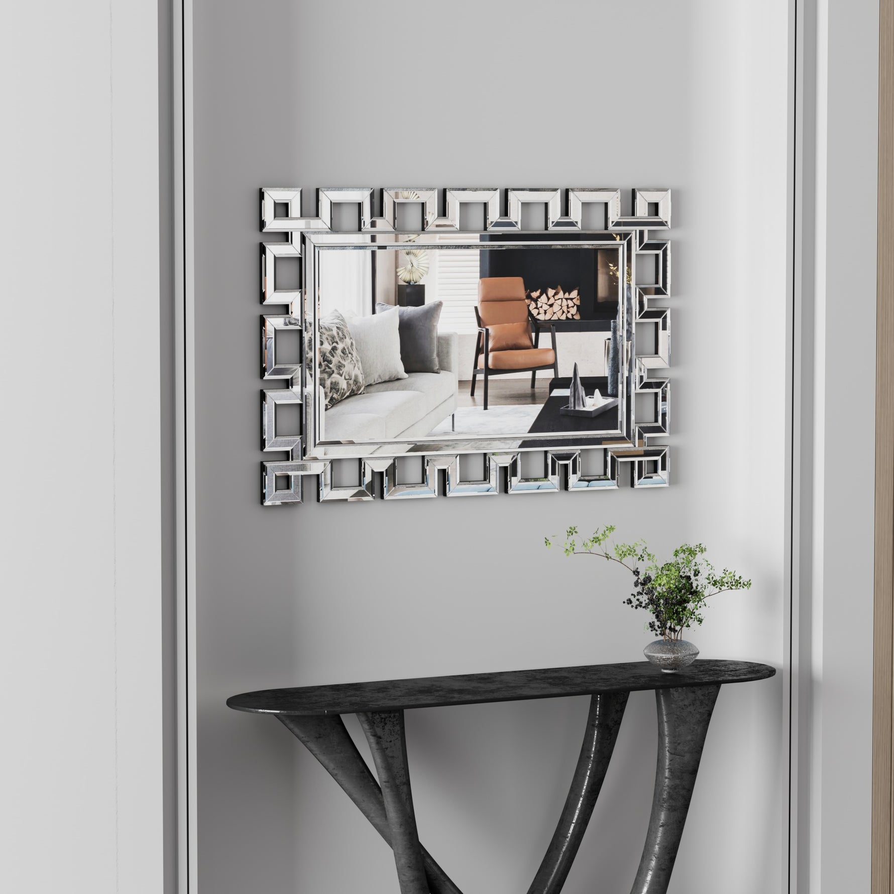 Grand miroir rectangulaire en métal argenté mural pour salon, chambre ou entrée, avec miroir HD clair, par eprolo.