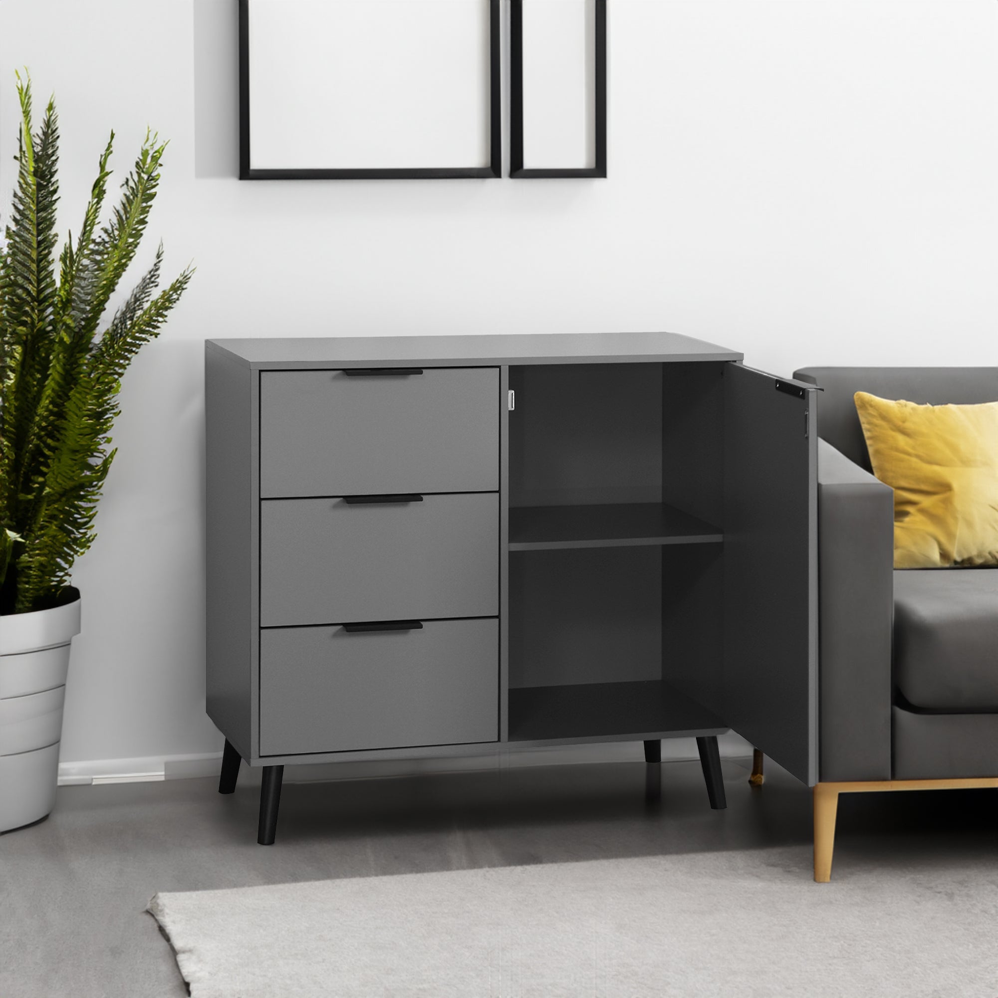 Armoire de rangement grise eprolo avec 3 tiroirs, portes médiévales et étagères ajustables pour stockage efficace.
