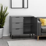 Armoire de rangement grise eprolo avec 3 tiroirs, portes médiévales et étagères ajustables pour stockage efficace.