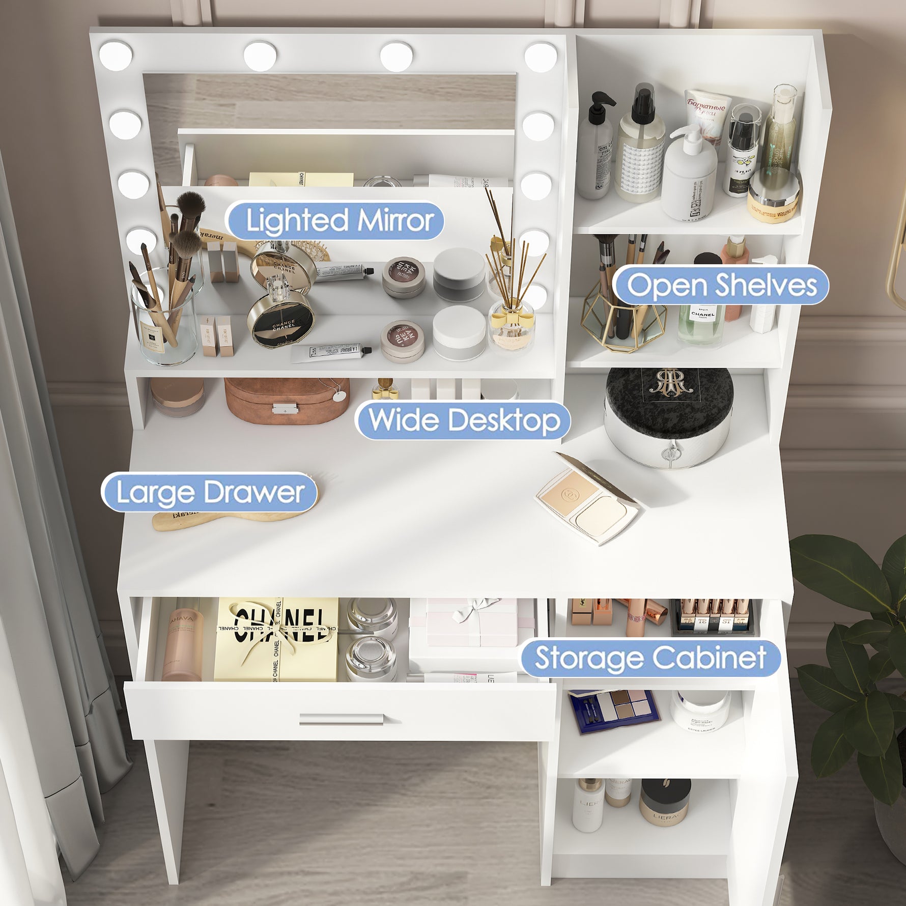 Coiffeuse eprolo avec miroir et éclairage intégré, surface de maquillage élégante et bureau de beauté moderne.