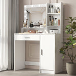 Bureau de maquillage eprolo avec miroir et lumières intégrées, surface élégante et espace de rangement pour cosmétiques.