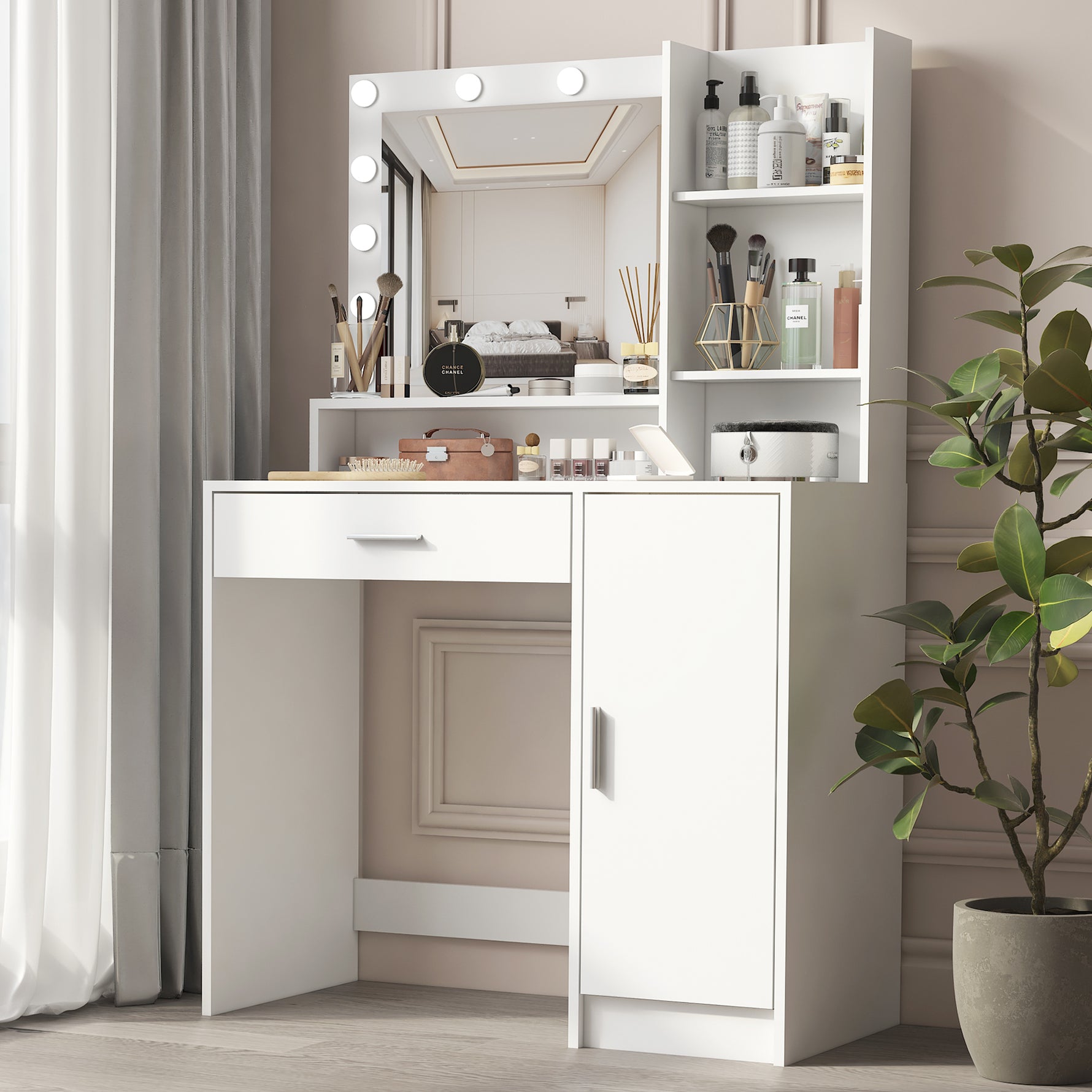 Bureau de maquillage eprolo avec miroir et lumières intégrées, surface élégante et espace de rangement pour cosmétiques.