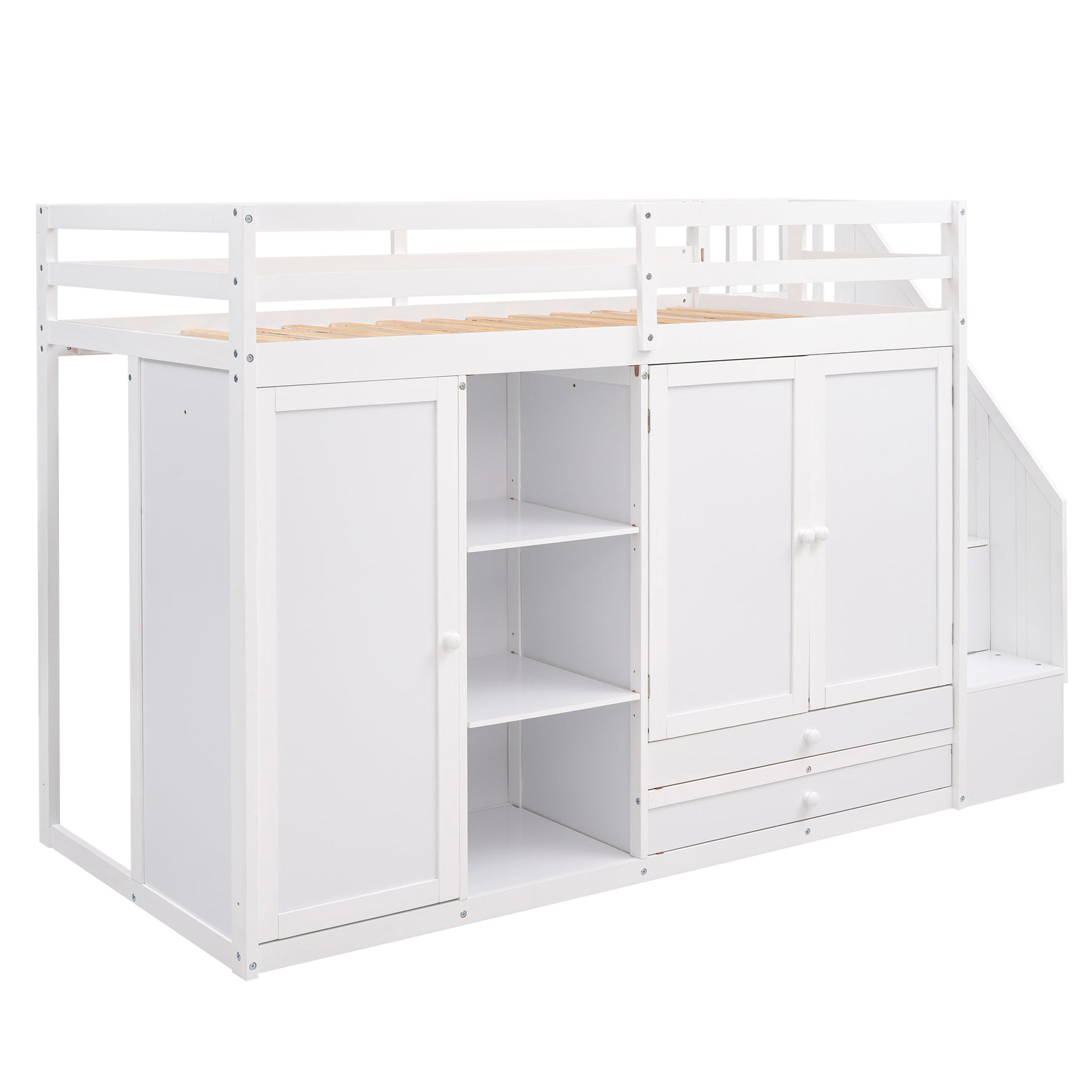 Lit mezzanine fonctionnel eprolo blanc avec 3 étagères, 2 armoires, 2 tiroirs et échelle avec rangement, sans sommier.