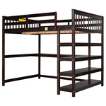 Lit mezzanine de taille complète eprolo avec étagères de rangement et bureau intégré sous le lit, finition espresso