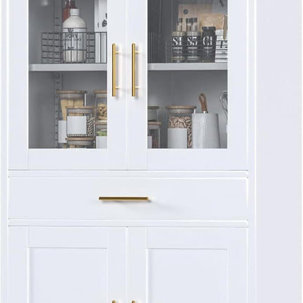 Tall Metal Arched Display Cabinet, Arch Kitchen Pantry Storage Organizer With Doors Shelves Drawers, Modern Freestanding Bookcase For Home Office Bar Living Room White