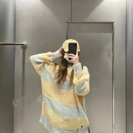 Women's New Mohair Ripped Striped Thin Crew Neck Sweater