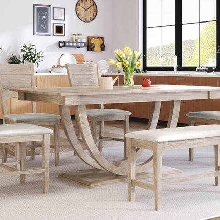 TOPMAX 6-Piece Wood Half Round Dining Table Set With Long Bench & 4 Chairs