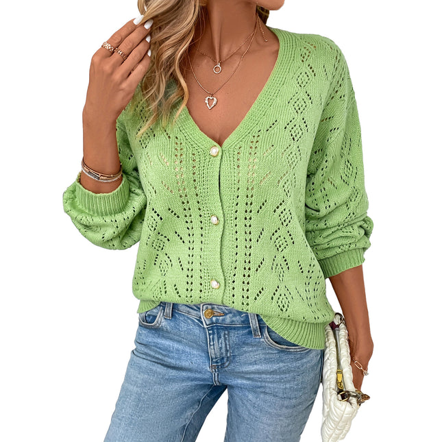 V-neck Hollow-out Single-breasted Long-sleeve Knit Cardigan