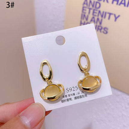 S925 Silver Needle Geometric Opal Temperament Diamond Earrings Simple