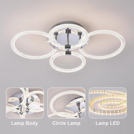 Modern LED Ceiling Light, Flush Mount Ceiling Light With Dimmable Remote Control, 6Rings Acrylic Ceiling Light Fixture For Bedroom, Living Room, Kitchen, Office Lamps 4 Heads