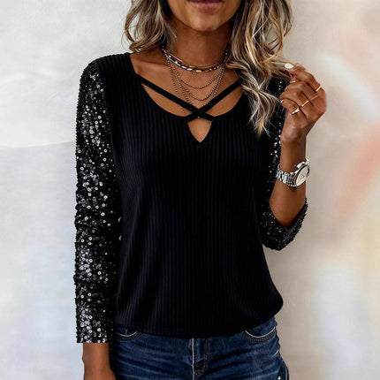 Womens Fashion Sequin V Neck Long Sleeve Top